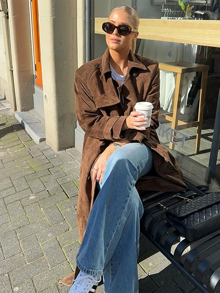 Casual Autumn Suede Women Long Coat Elegant Turn-down Collar Lace Up Long Sleeve Female Split Jacket Fashion Lady Office Outwear