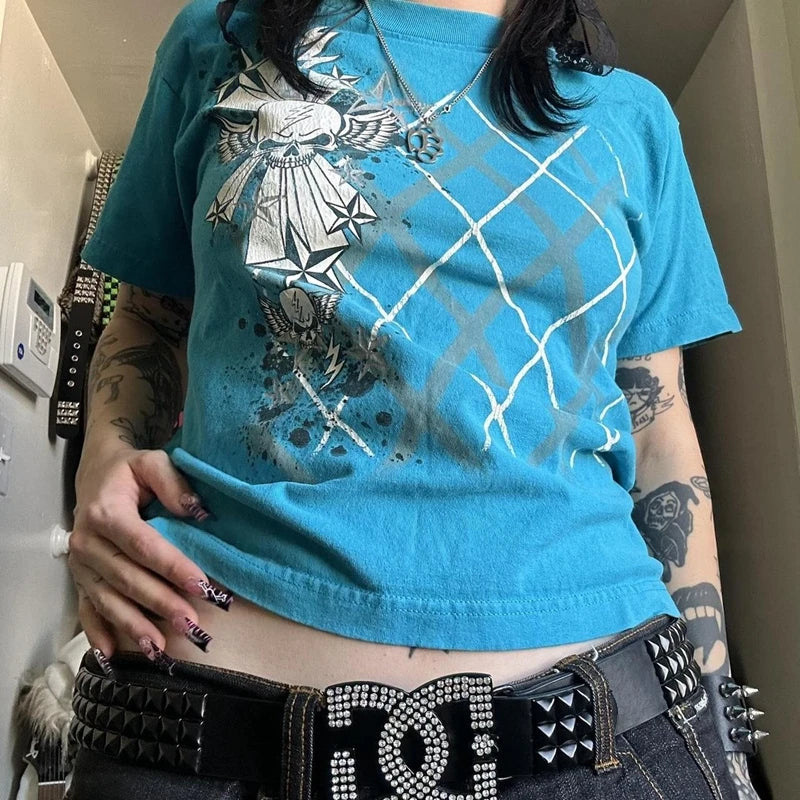 2000s Aesthetic Mall Goth E-girl Gothic T-shirt Retro Y2K Grunge Skull Wing Crop Tops Indie Graphic Print Short Sleeve Tee Women