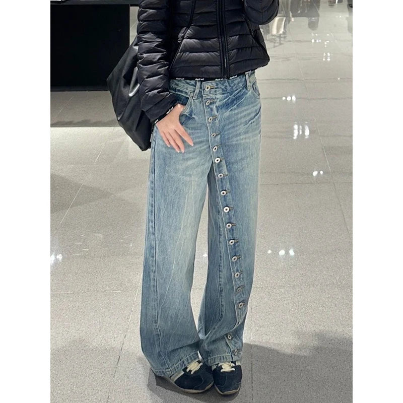 YIBASHU Women Blue Y2k Baggy Wide Jeans Grunge Jean Pants Vintage Harajuku Oversize Boyfriend Denim Trousers Alternative Clothes