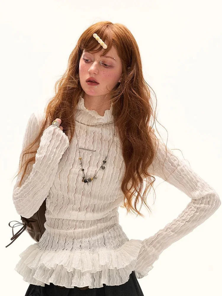 Sweet Ruffles Vintage Slim T Shirt Women Long Sleeve Casual Spring Turtleneck Y2K Tees American Retro Harajuku Female White Tops