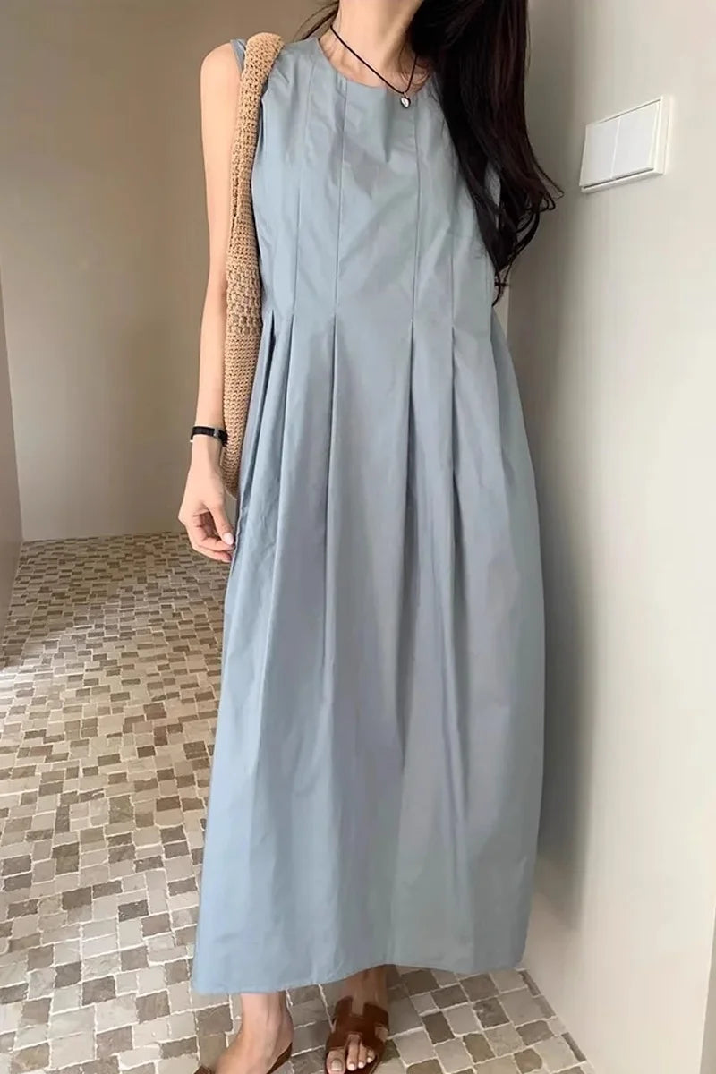 Chic round Ne Pleated Svel Women's Dr High Waist Slimming Midi Skirt Summer Faion Korean Sle Gown