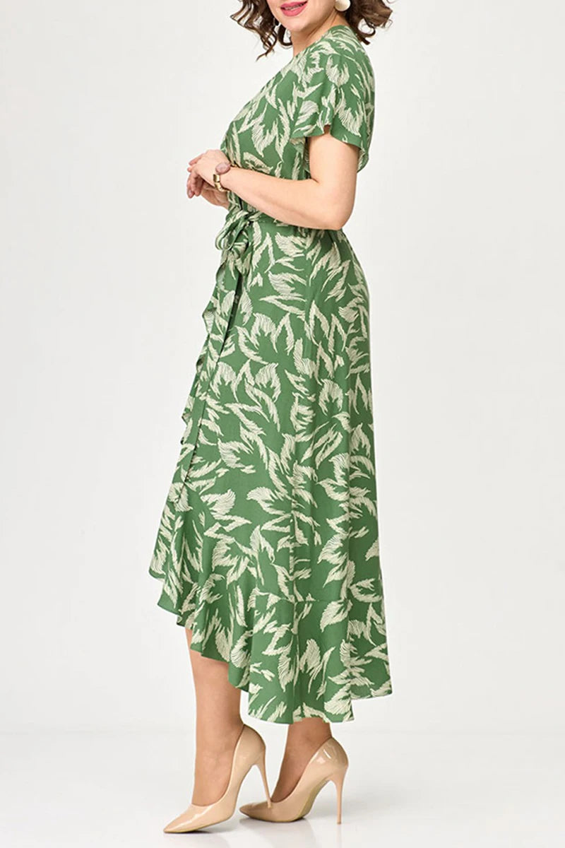 Flycurvy Plus Size Mother Of The Bride Green Chiffon Plant Print Lace-Up Crossover Hem Tunic Tea-Length Dress