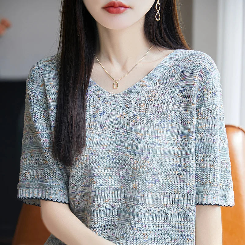 Women's Knit V-neck T-shirt Summer New Cotton Color blocked O-neck Sweater Short Sleeve Korean Loose Top Fashion Luxury Pullover