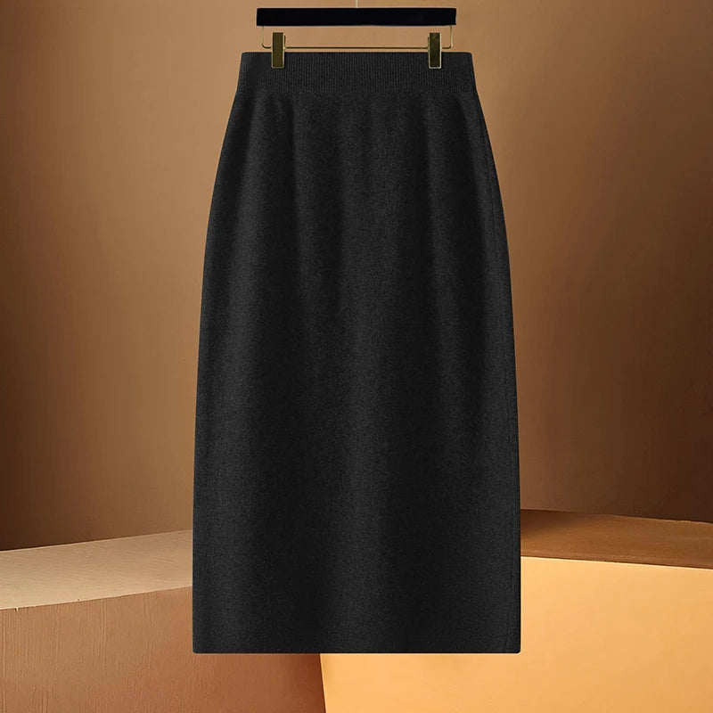 DjzDsm Spring and Autumn New Women's 100% Merino Wool Half Skirt High Waist Elastic Hip Wrap Skirt One Step Wool Knitted Skirt