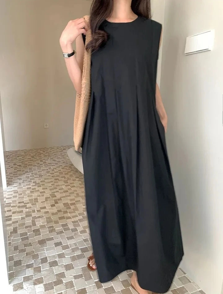 Chic round Ne Pleated Svel Women's Dr High Waist Slimming Midi Skirt Summer Faion Korean Sle Gown