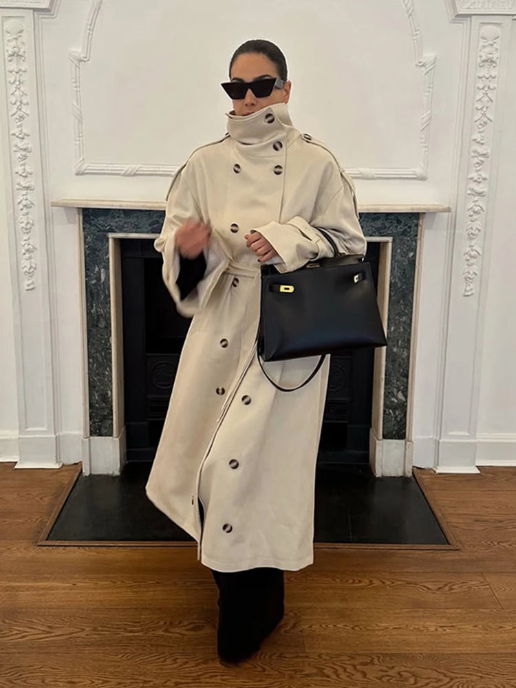 Women's Trench Coat Double Breasted Stand Collar Epaulet Lace Up Long Windbreaker Office Lady Autumn Winter Solid Slim Outerwear