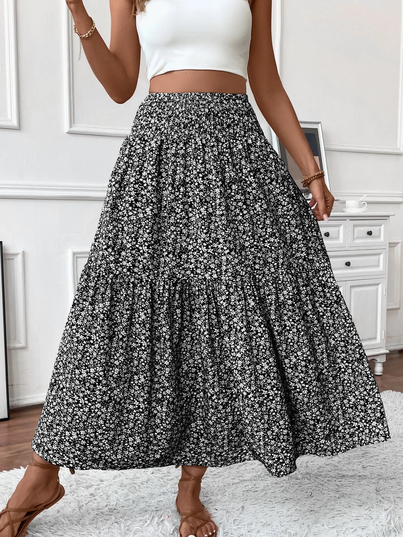 Women's High Waisted Floral Tiered Maxi Skirt Elegant A-Line Flowy Long Skirt with Elastic Waist Perfect for Summer Wear