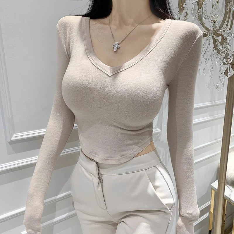 Korean 2026 Spring Summer Style T-shirt Elegant Slim-fit V-neck See-through Short Sleeve T-shirt Sexy Women Crop Top