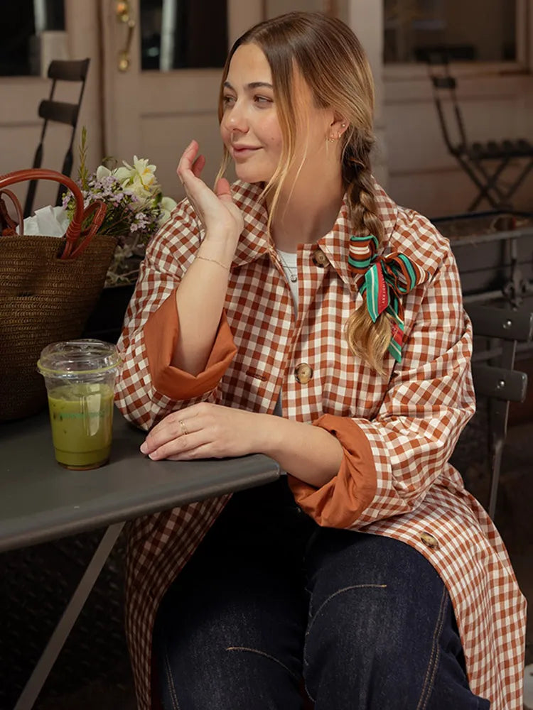 Female Plaid Long Windbreaker Fashion Chic Lapel Single Breasted Pocket Loose Jackets Lady New Daily Commuting Street Outerwear