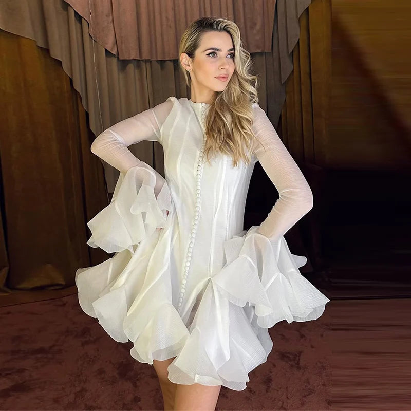 Puffy Flared Long Sleeve Dress Waist Cinched Round Neck Big Skirt Hem Party Gown French Slim Fit Fairy Short Dresses Summer New