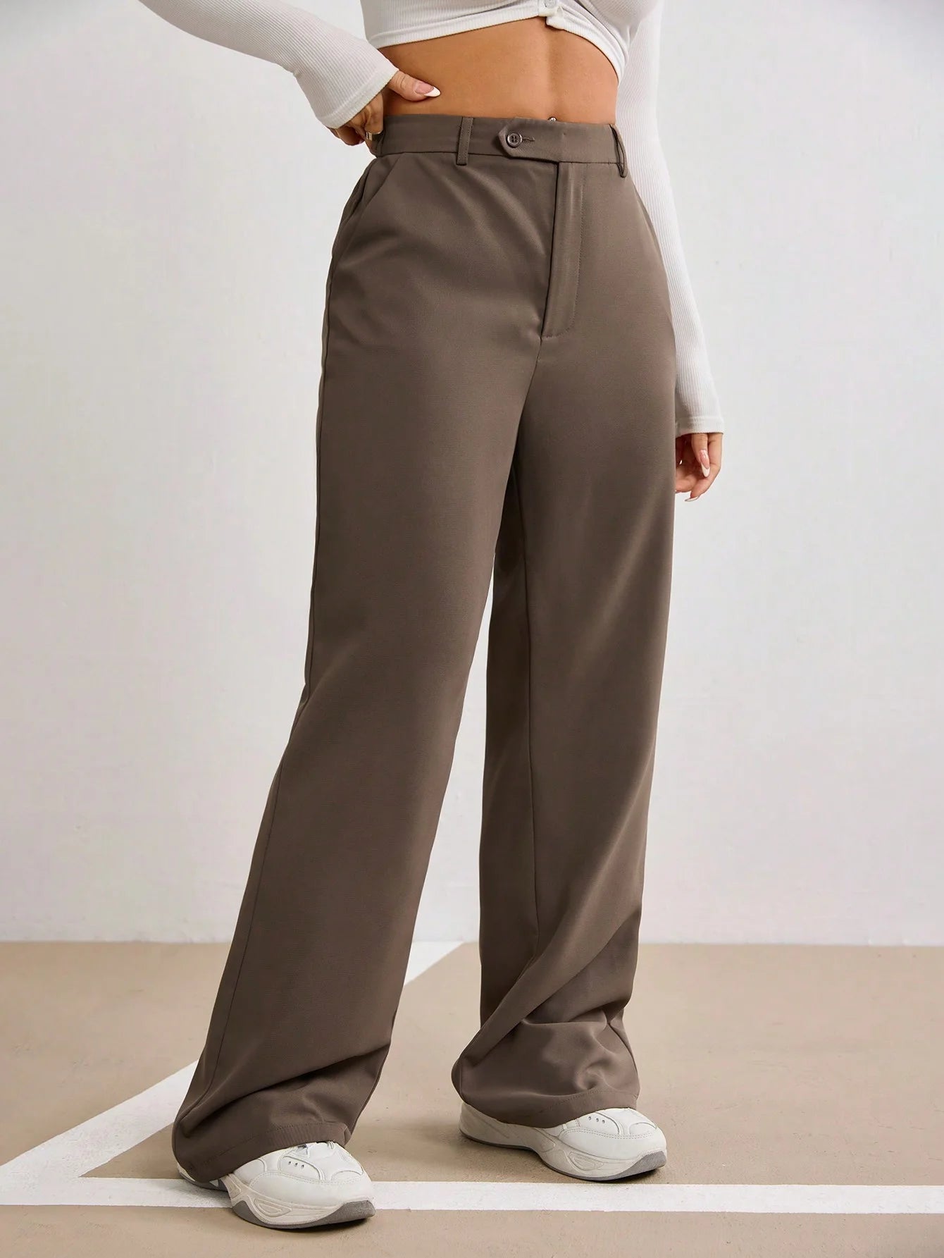 Women Brown Straight Leg Pants High Waist Wide Leg Button Fly Spring Summer Casual Commuting Office Streetwear Fashion Trousers