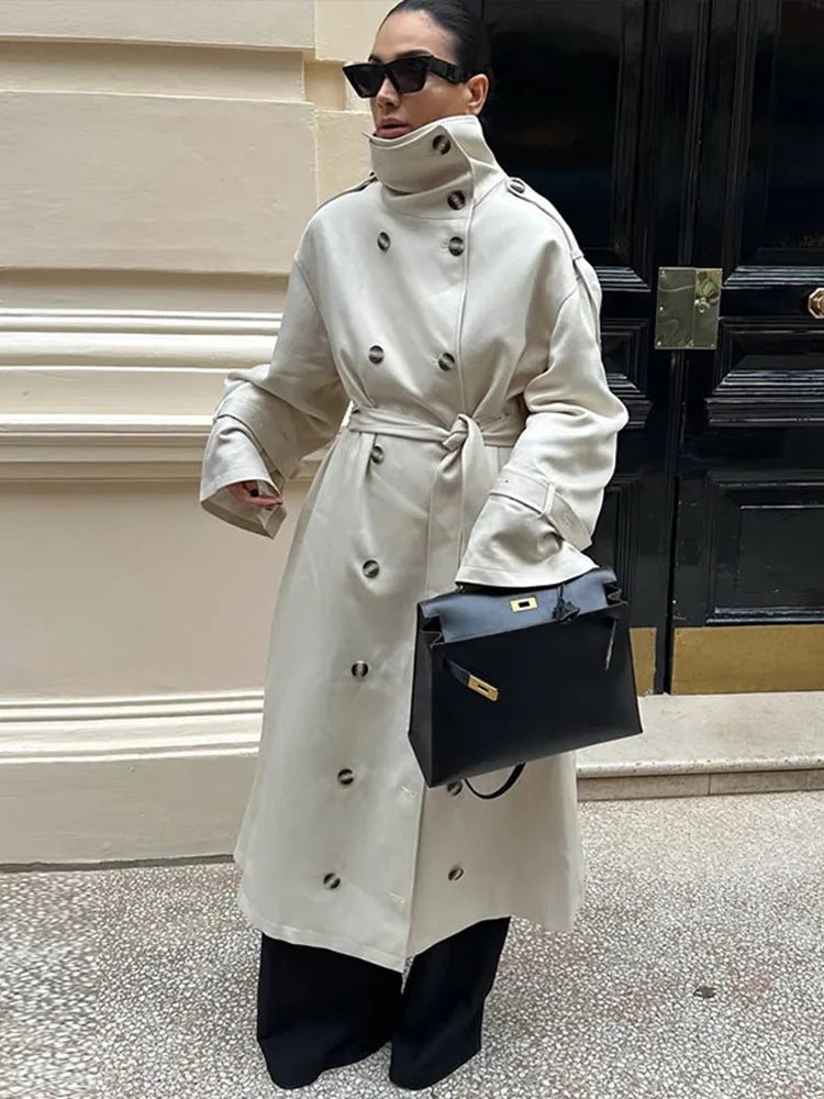 Women's Trench Coat Double Breasted Stand Collar Epaulet Lace Up Long Windbreaker Office Lady Autumn Winter Solid Slim Outerwear