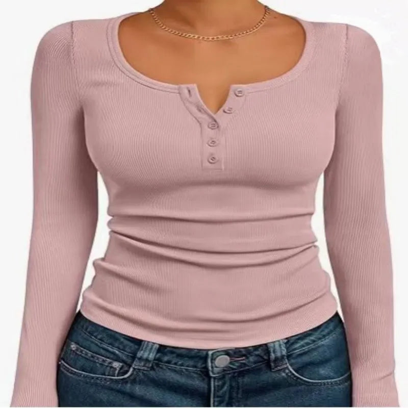 Women Fall Spring Top O Neck Button Long Sleeve Shirts Solid Color Slim Fit Pullover T-shirt Blouse Simple Style Lady Costume