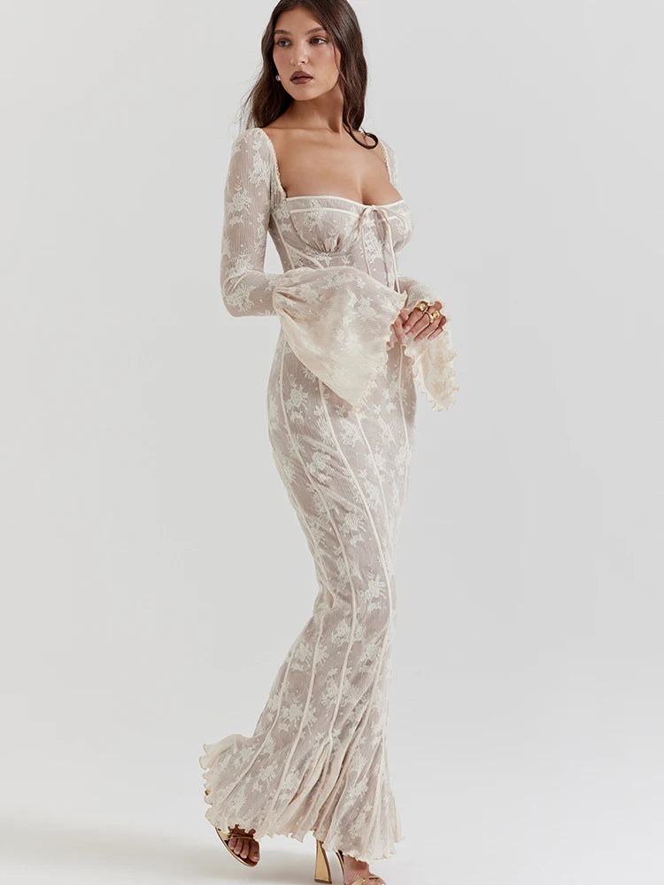 Fantoye Sexy Square Collar Maxi Dress For Women Black Long Sleeve Lace Up Dress Female Autumn Skinny Elegant Party Club Outfits