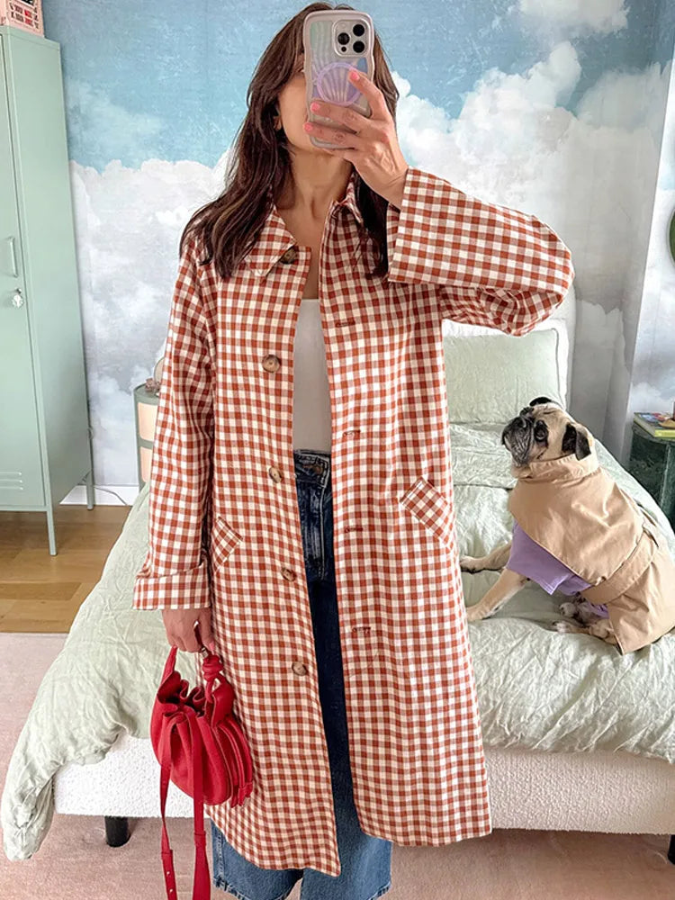 Female Plaid Long Windbreaker Fashion Chic Lapel Single Breasted Pocket Loose Jackets Lady New Daily Commuting Street Outerwear