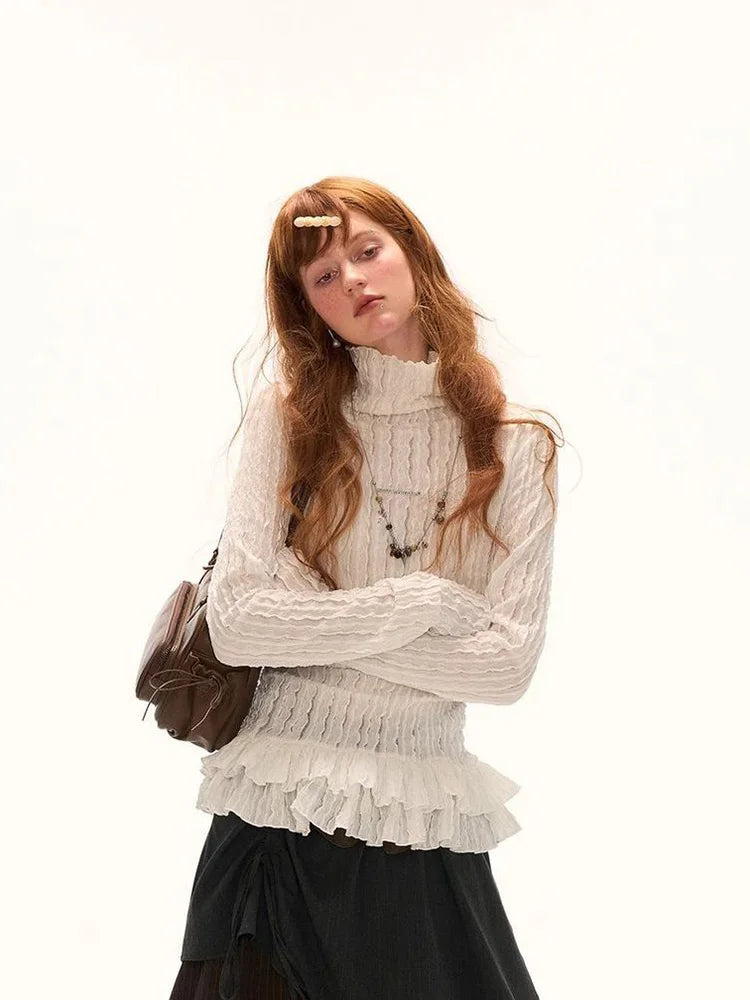 Sweet Ruffles Vintage Slim T Shirt Women Long Sleeve Casual Spring Turtleneck Y2K Tees American Retro Harajuku Female White Tops