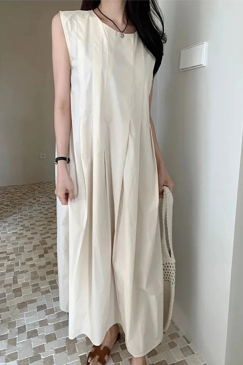 Chic round Ne Pleated Svel Women's Dr High Waist Slimming Midi Skirt Summer Faion Korean Sle Gown