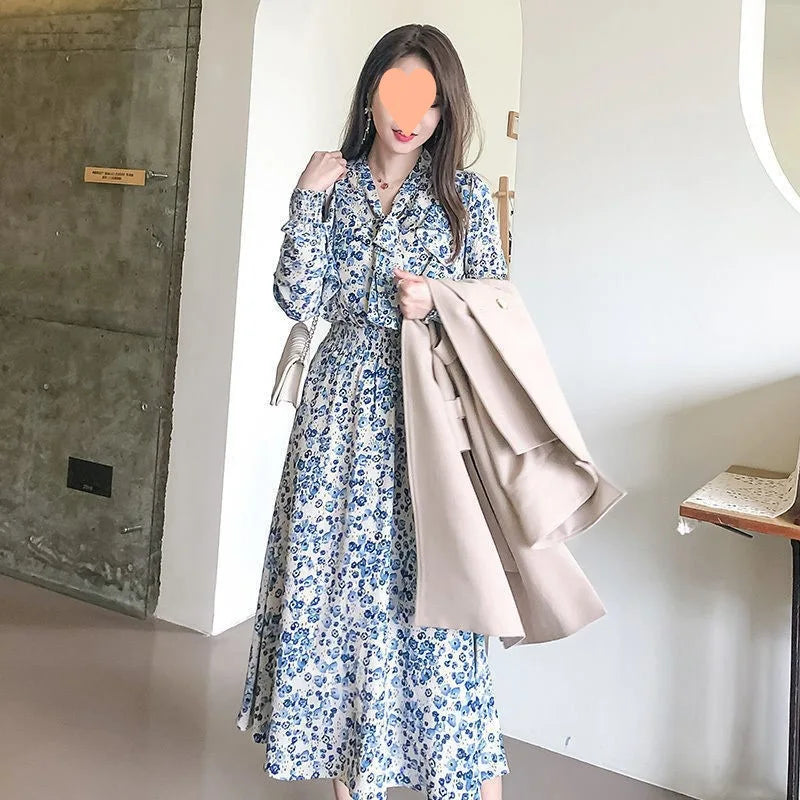 Light-colored Floral Korean Silk Long Dress 2025 Autumn New Women's Fashionable Style with Super Fairy Slim French Long Skirt