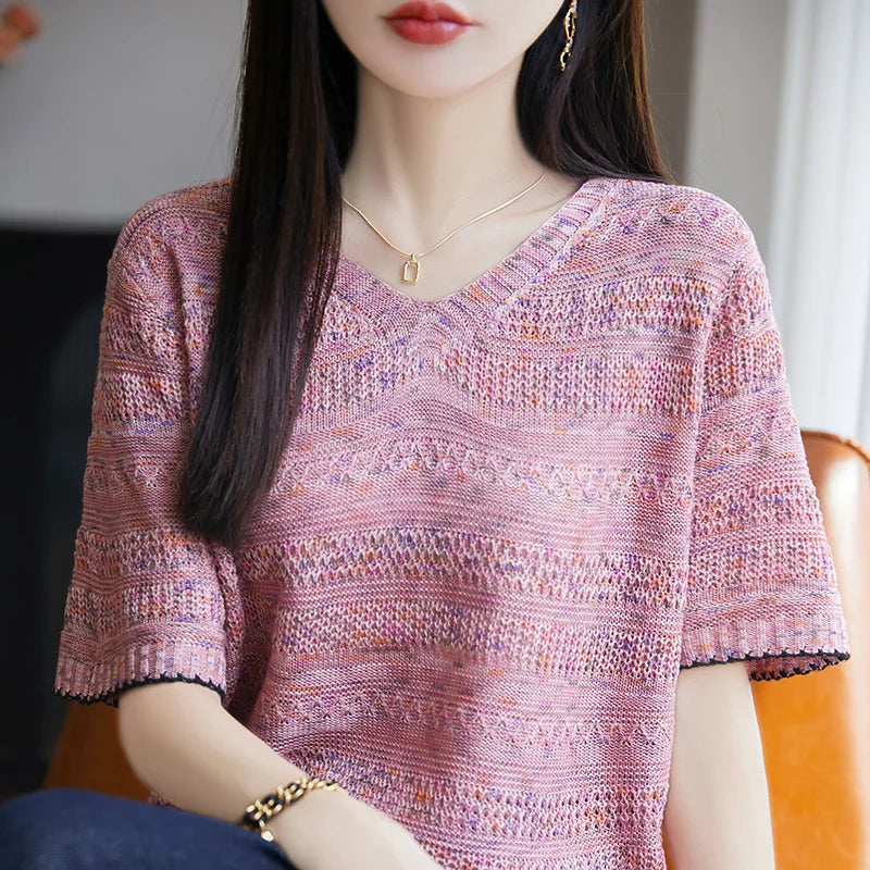 Women's Knit V-neck T-shirt Summer New Cotton Color blocked O-neck Sweater Short Sleeve Korean Loose Top Fashion Luxury Pullover