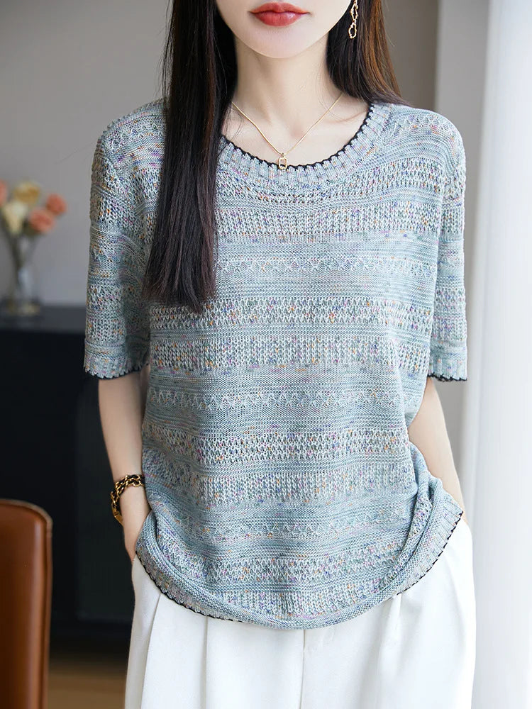 Women's Knit V-neck T-shirt Summer New Cotton Color blocked O-neck Sweater Short Sleeve Korean Loose Top Fashion Luxury Pullover