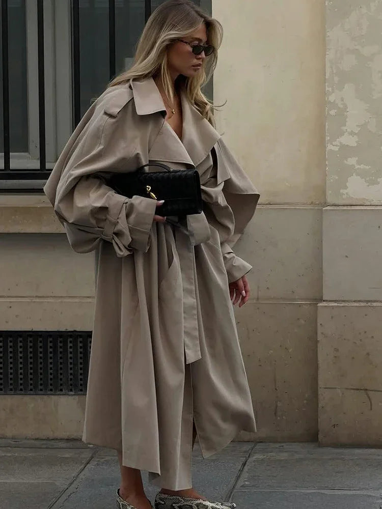 Solid Lace Up Long Trench Coat Women Chic Full Sleeves Lapel Single Breasted Loose Outerwear 2026 Lady Spring High Street Wear