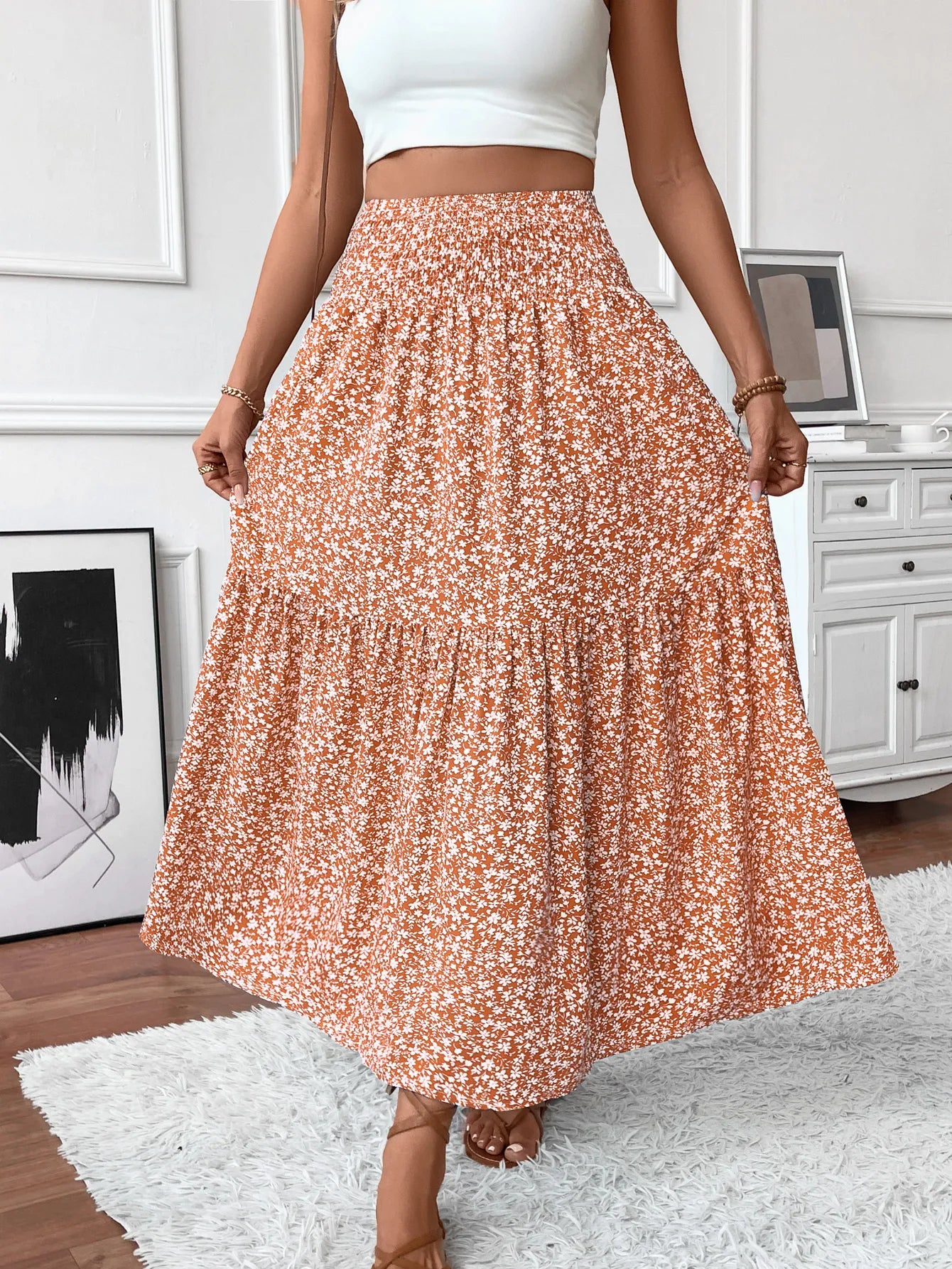 Women's High Waisted Floral Tiered Maxi Skirt Elegant A-Line Flowy Long Skirt with Elastic Waist Perfect for Summer Wear
