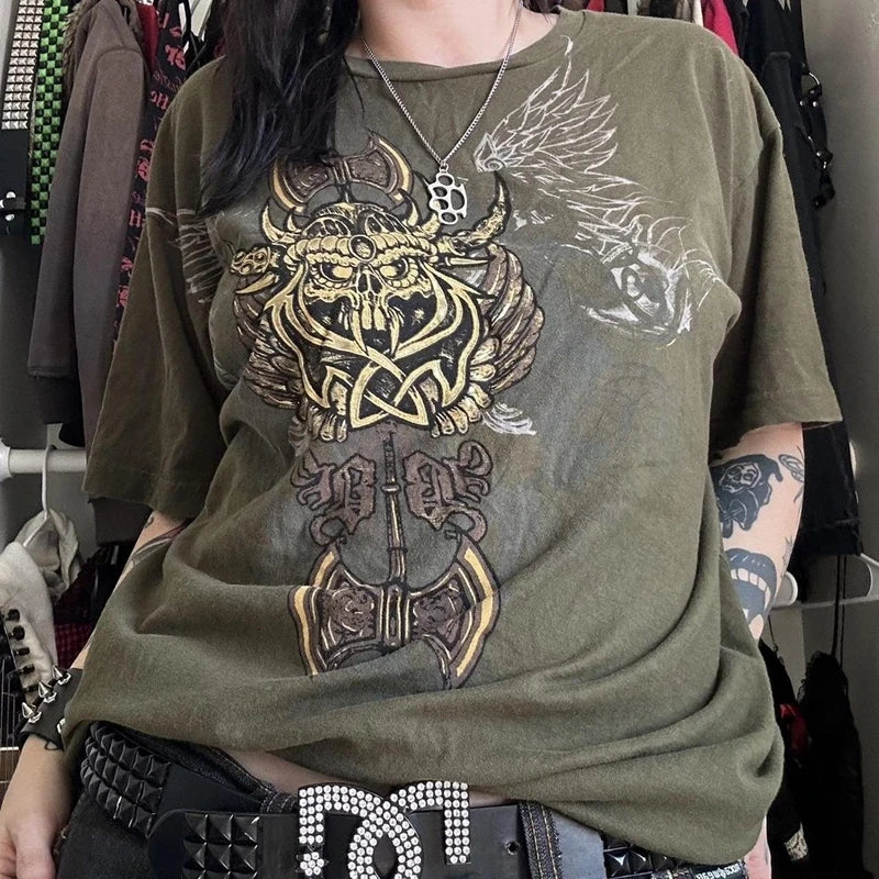 2000s Aesthetic Mall Goth E-girl Gothic T-shirt Retro Y2K Grunge Skull Wing Crop Tops Indie Graphic Print Short Sleeve Tee Women