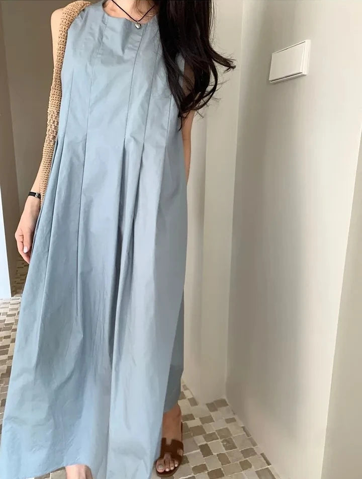 Chic round Ne Pleated Svel Women's Dr High Waist Slimming Midi Skirt Summer Faion Korean Sle Gown