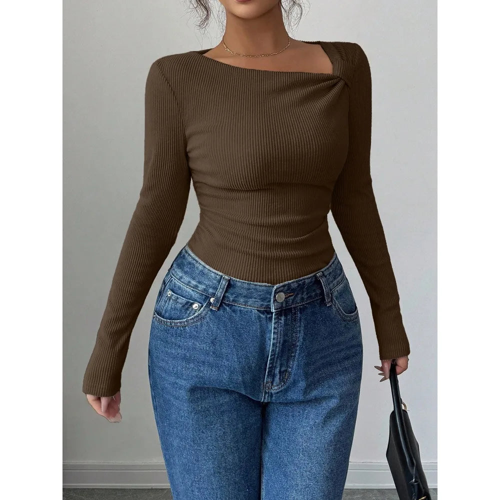 2025 Fall Winter New Fashion Women's Tops Asymmetrical Pleated Simple T-Shirt Y2k Clothing