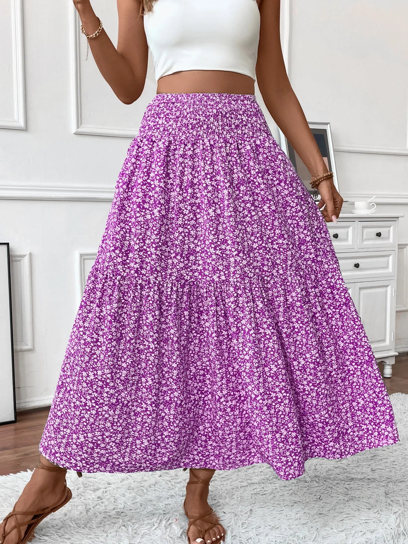 Women's High Waisted Floral Tiered Maxi Skirt Elegant A-Line Flowy Long Skirt with Elastic Waist Perfect for Summer Wear