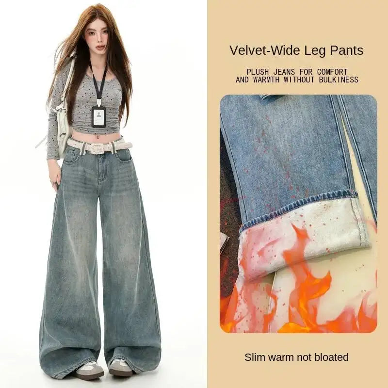 For Woman Y2k Jeans Flared Trousers Wide Leg Fleece Lined Thick Warm Retro Straight Long Pants Fashion Casual
