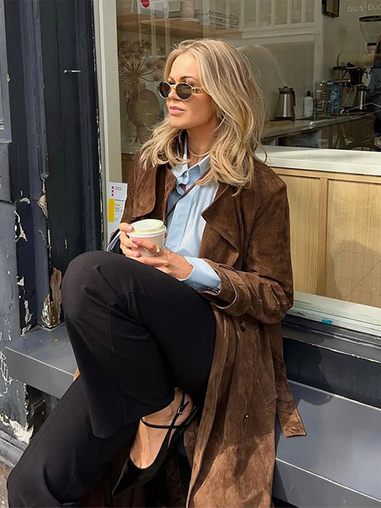 Casual Autumn Suede Women Long Coat Elegant Turn-down Collar Lace Up Long Sleeve Female Split Jacket Fashion Lady Office Outwear