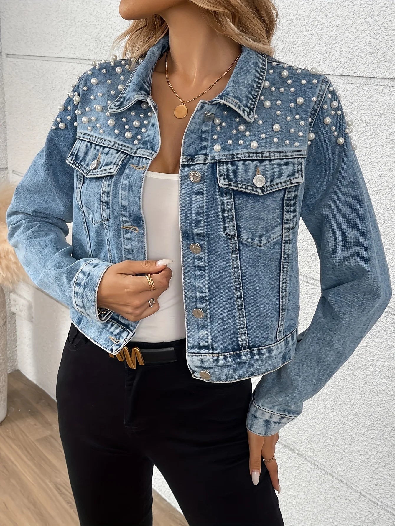Women's Trendy Beaded Denim Jacket for Spring And Autumn New Fashion Casual Outerwear