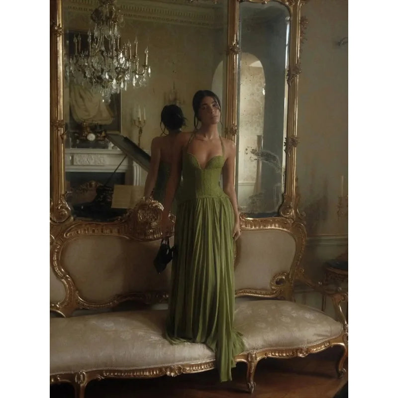 Green Fishbone Corset Halter Maxi Dress Women Backless Off Shoulder Pleated Patchwork Slim Dresses Lady Christmas Party Gown New