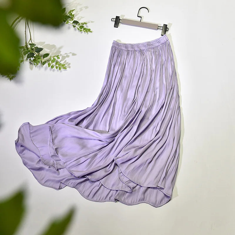 Summer Silky Skirt Elastic High Waist Glossy Silky Long Skirt Milk Silk A-line Long Skirts Women Beach Pearlescent Dress