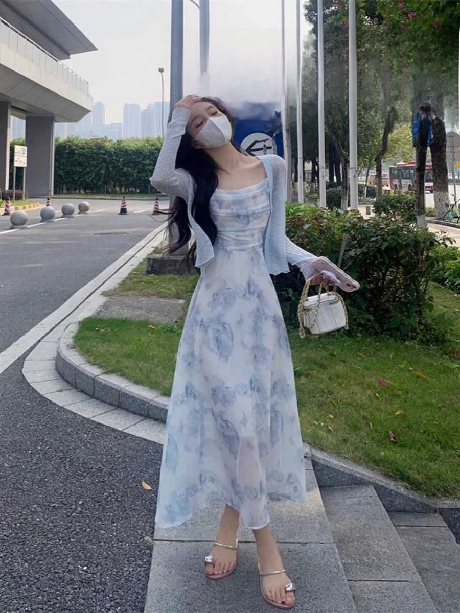 Summer Floral Print Chiffon ter Dr Set Women's Knitted Open Cardigan Outerwear Two-Piece Suit Korean Sle A-Line Skirt