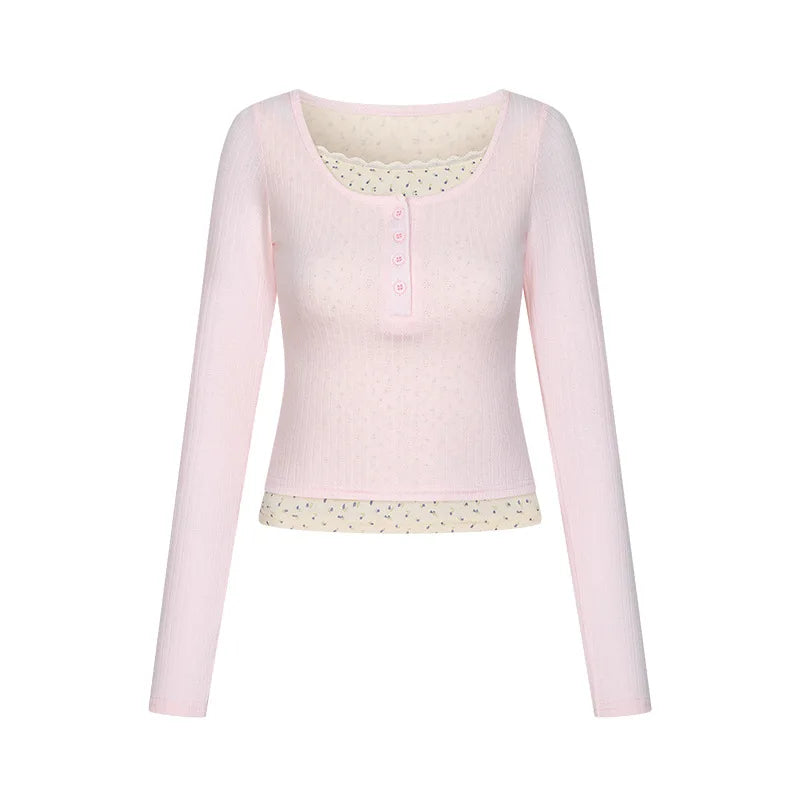 New Women's Long Sleeve T-shirt U Collar Spring and Autumn Slim Top French Style Women's Wear with Fake Two Lace Edge Y2k Top