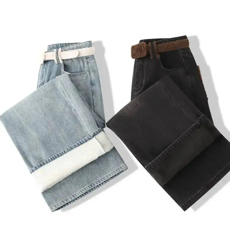 For Woman Y2k Jeans Flared Trousers Wide Leg Fleece Lined Thick Warm Retro Straight Long Pants Fashion Casual