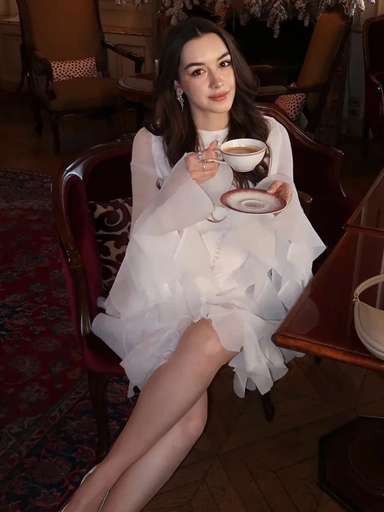 Puffy Flared Long Sleeve Dress Waist Cinched Round Neck Big Skirt Hem Party Gown French Slim Fit Fairy Short Dresses Summer New