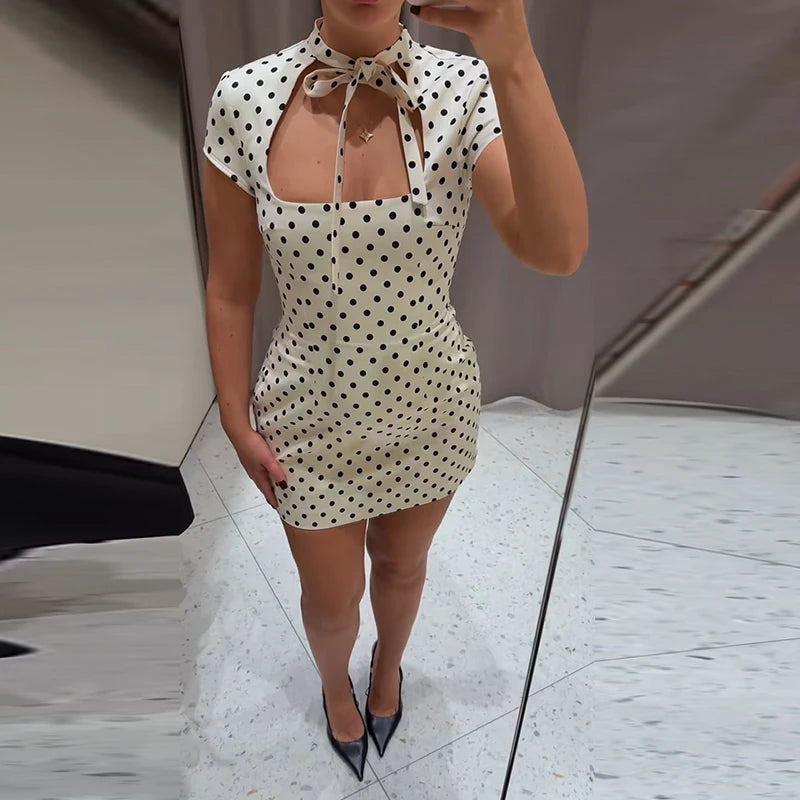 Fashion Polka Dot Mini Dress For Women Elegant Bow Tie Neck Short Sleeve Waist Slim Dress Lady 2026 Spring Summer Chic Vestidos