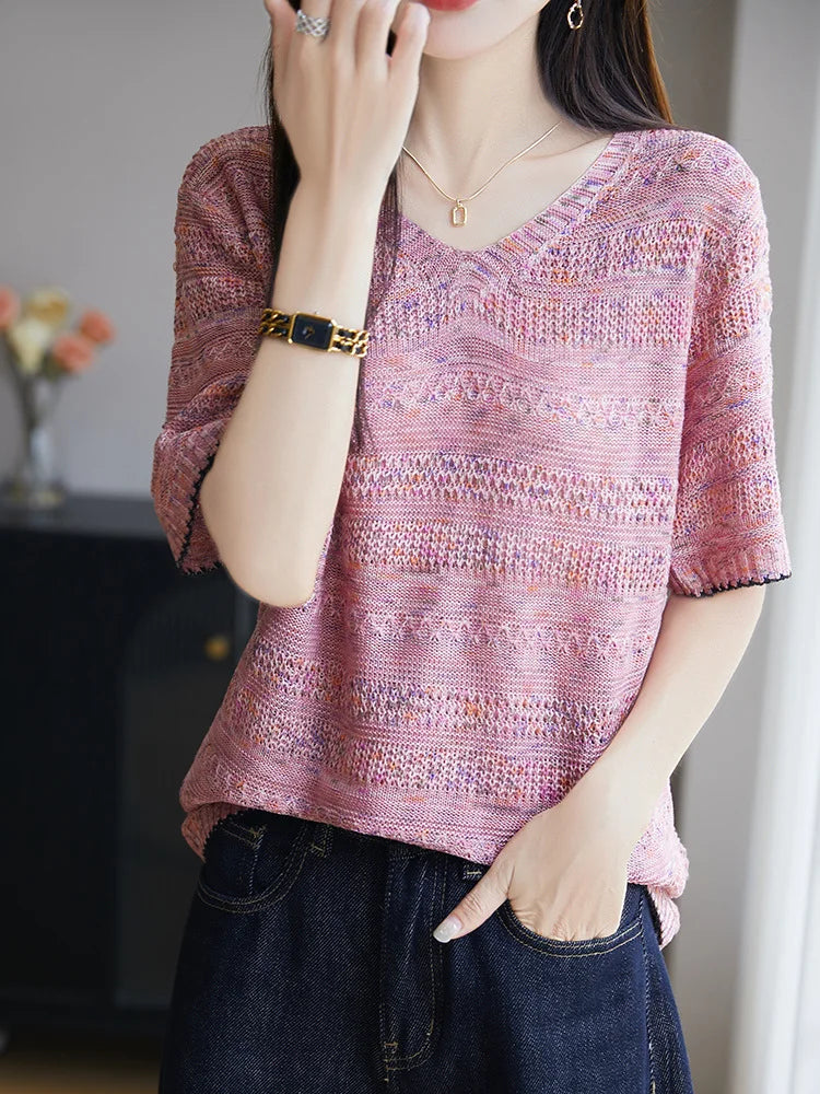 Women's Knit V-neck T-shirt Summer New Cotton Color blocked O-neck Sweater Short Sleeve Korean Loose Top Fashion Luxury Pullover