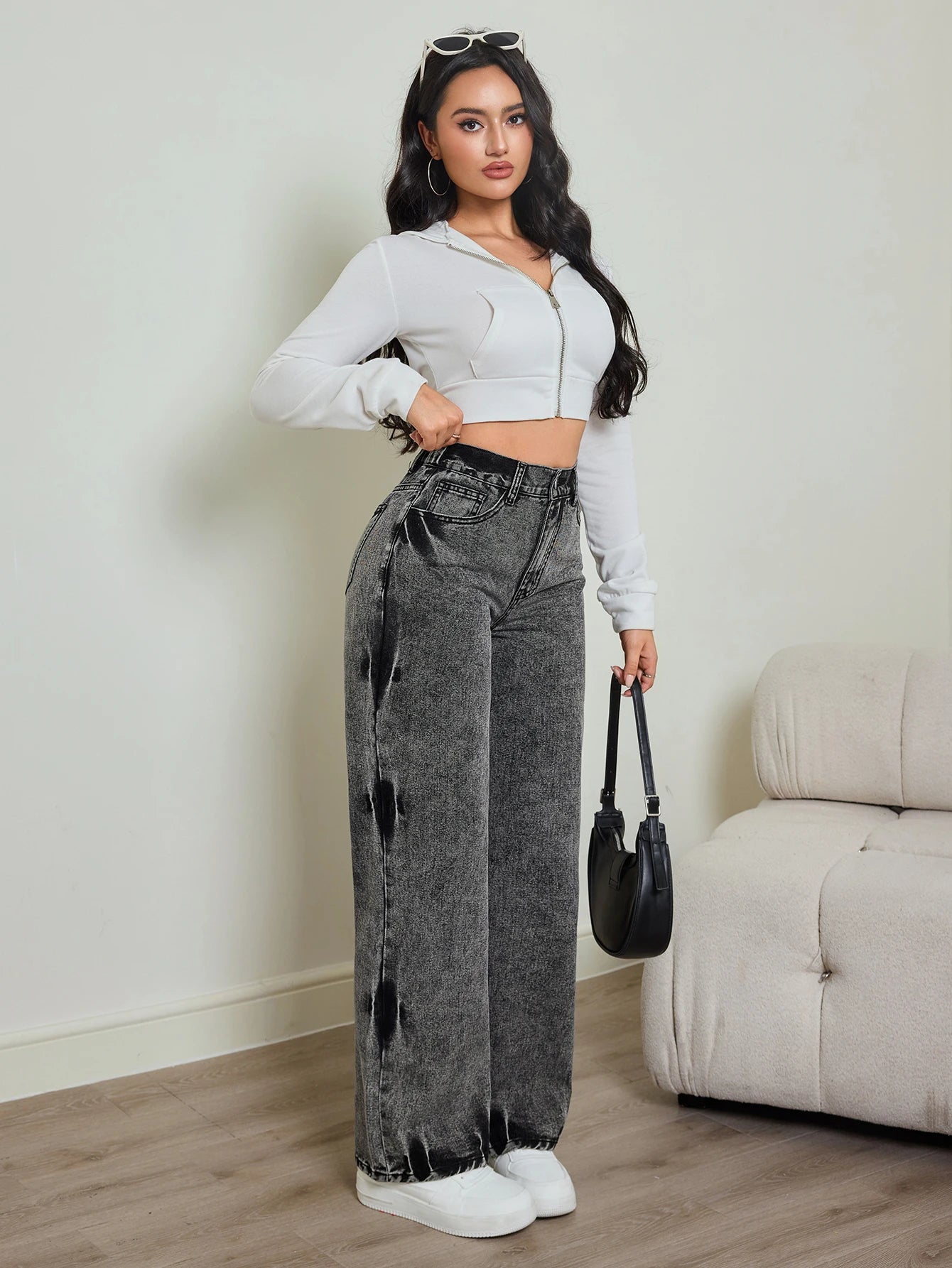 2025 autumn new women's jeans, tie-dye contrast washing, elastic waist, high waist straight jeans