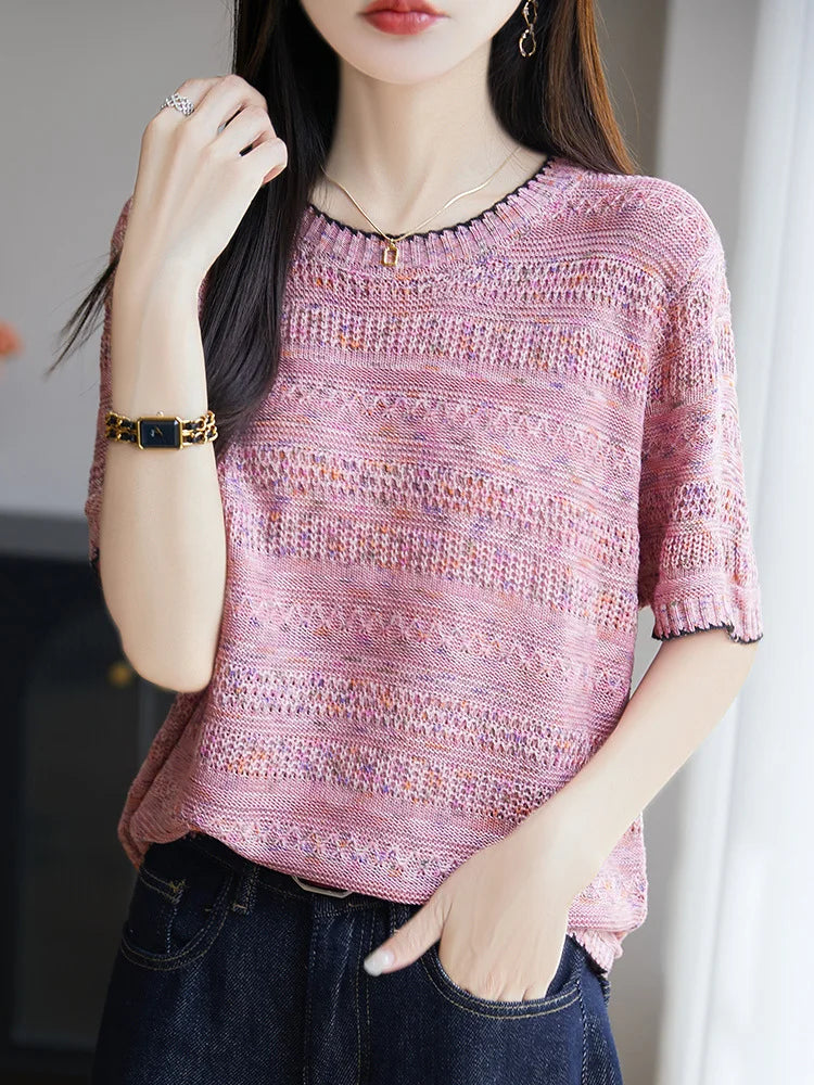 Women's Knit V-neck T-shirt Summer New Cotton Color blocked O-neck Sweater Short Sleeve Korean Loose Top Fashion Luxury Pullover
