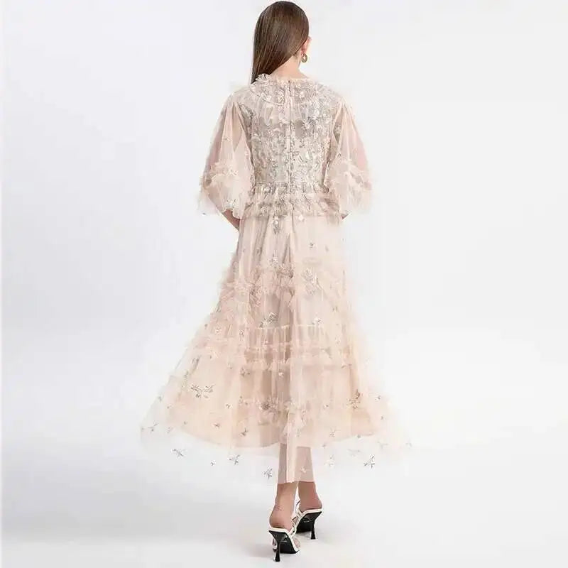 Runway Luxury Long Dresses Women 2026 Summer Holiday Embroidery Flower Ruffles Midi Party Evening Dress Lady Prom Vestidos