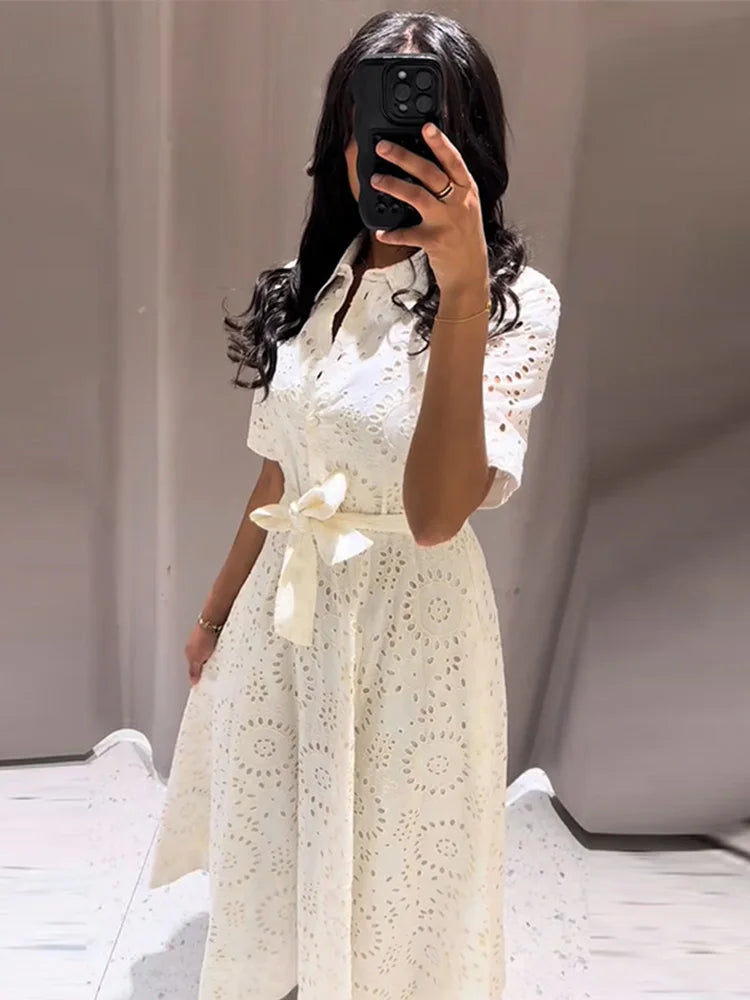Elegant Embroidered Lapel Hollow Dress Women Fashionable Short Sleeve Belt High Waist Maxi Dresses Female Summer Chic Casual
