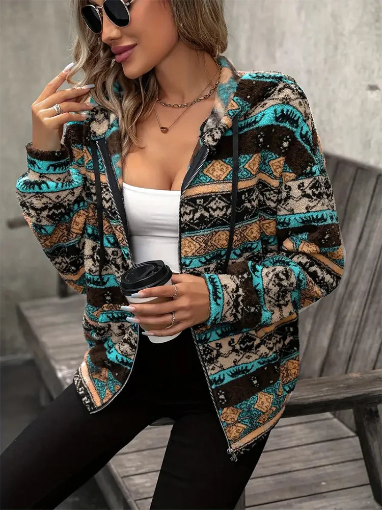 Women's Boho Ethnic Sherpa Hooded Jacket Retro Aztec Print Soft Fleece Lined Zip Up Fall Winter Streetwear Warm Outerwear