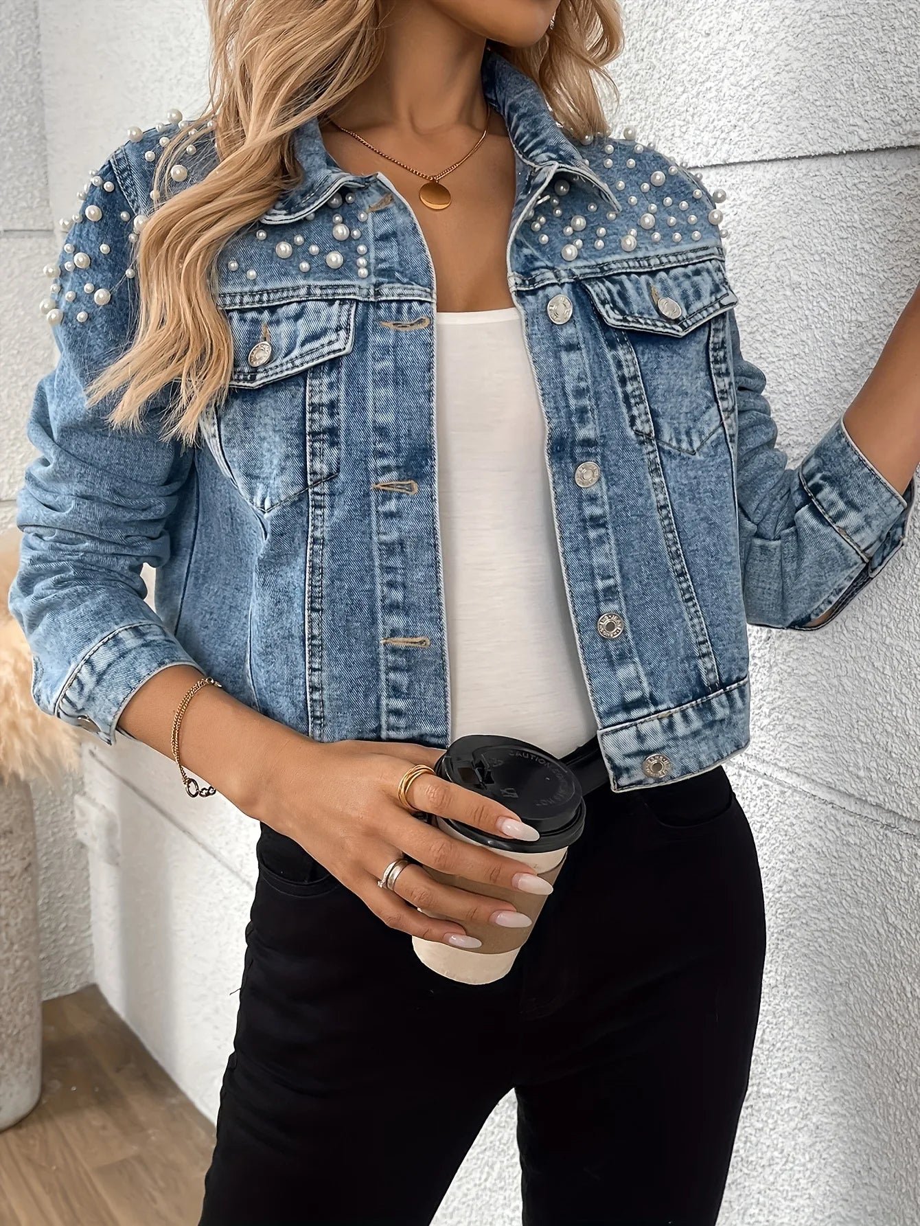 Women's Trendy Beaded Denim Jacket for Spring And Autumn New Fashion Casual Outerwear