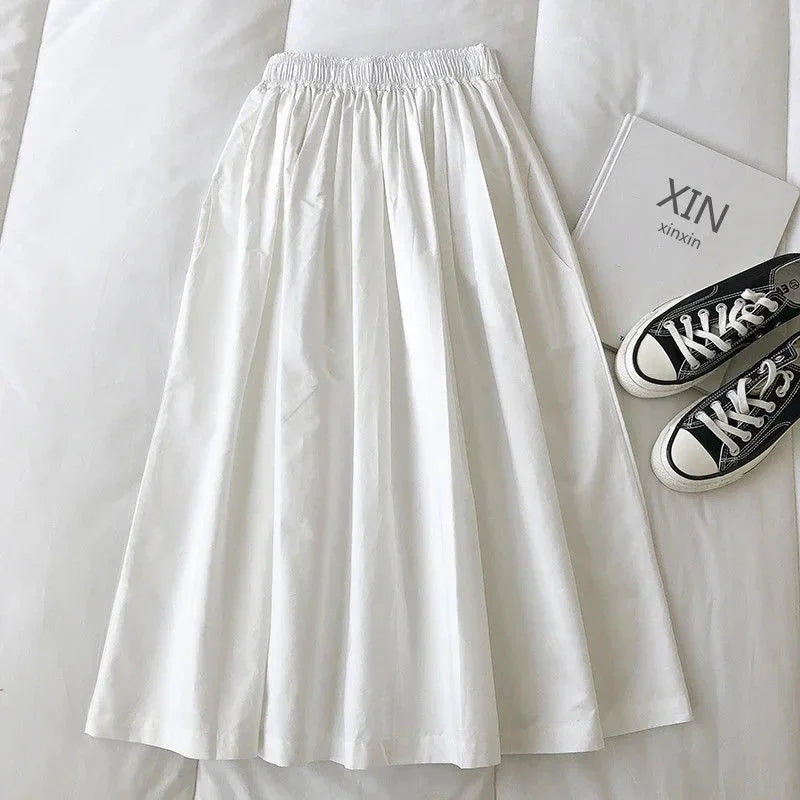 NEW Women's White Long Skirt High Waist A-Line Knee-Length Fashion Pockets Pleated Casual Elegant Skirts for Autumn
