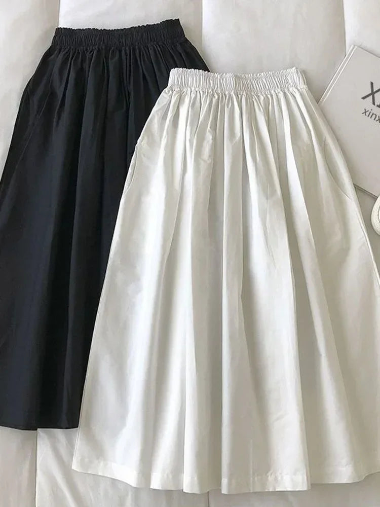 NEW Women's White Long Skirt High Waist A-Line Knee-Length Fashion Pockets Pleated Casual Elegant Skirts for Autumn