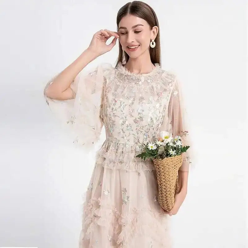 Runway Luxury Long Dresses Women 2026 Summer Holiday Embroidery Flower Ruffles Midi Party Evening Dress Lady Prom Vestidos